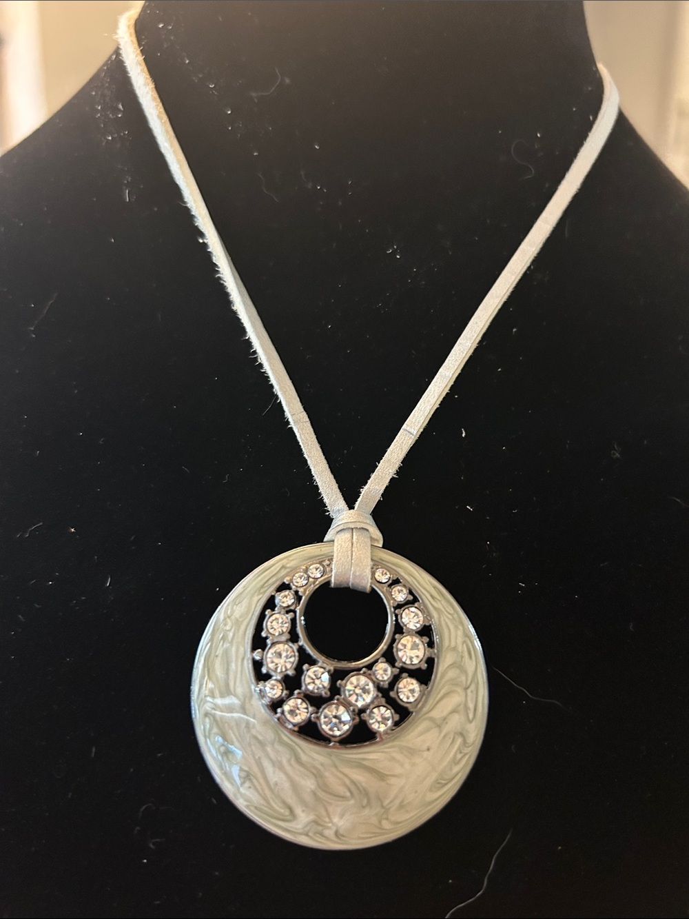 Lia Sophia “Silver Lining” Green Enamel Crystal Gunmetal Pendant Cord Necklace